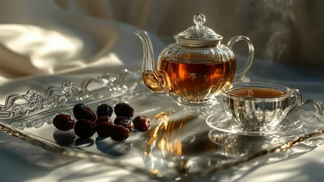 Elegant afternoon tea set with a glass teapot, two cups and saucers, and berries on a silver tray.