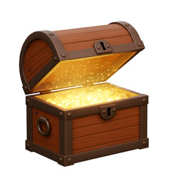 3D Render of Radiant Wooden Treasure Chest Opened with Sparkling Golden Light Inside, Isolated on White or Transparent Background