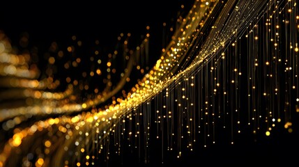 Glowing golden light strands and sparkles raining down on a black background.