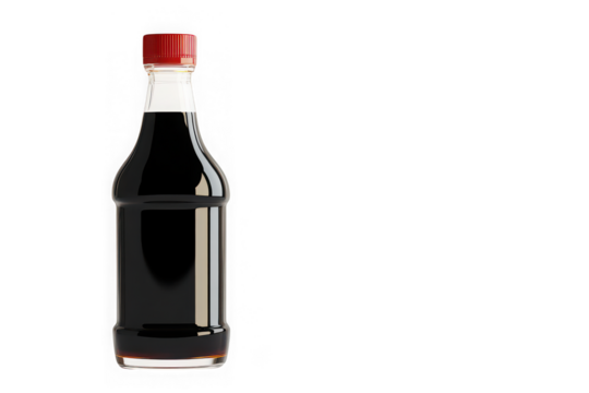 Soy sauce bottle mockup, dark condiment, asian cuisine ingredient, cooking flavor enhancer, food seasoning, red cap isolated on transparent background