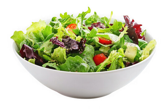 Fresh salad in white bowl with lettuce, tomatoes, and greens, healthy food photography, isolated on transparent background