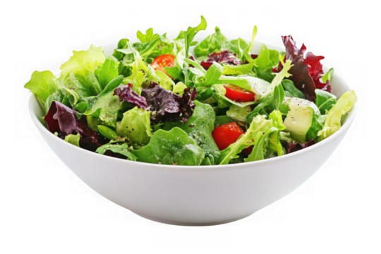 Fresh salad in white bowl with lettuce, tomatoes, and greens, healthy food photography, isolated on transparent background - Powered by Adobe