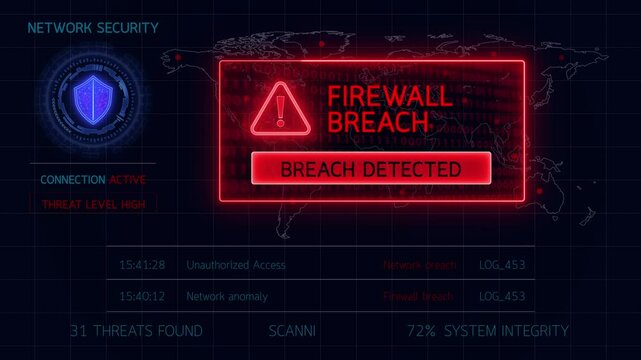 High-tech dashboard interface displays a firewall breach alert, showing unauthorized access, digital threat indicators, and cybersecurity warning signals for IT monitoring use. - Powered by Adobe