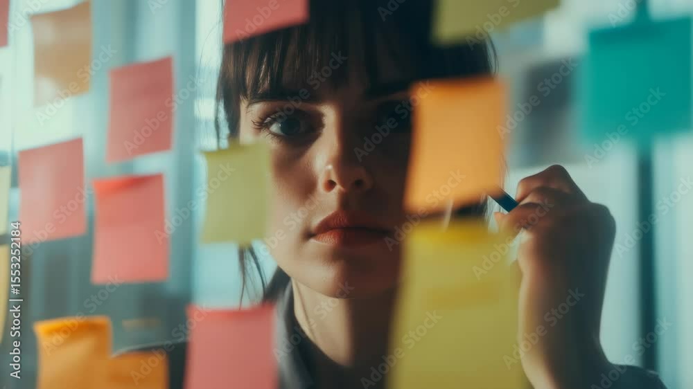 Poster focused businesswoman using colorful sticky notes on a glass wall, organizing tasks and developing a