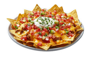 Delicious nachos with cheese, tomato, sour cream, and jalapenos - appetizing snack, mexican food, party food, isolated on transparent background