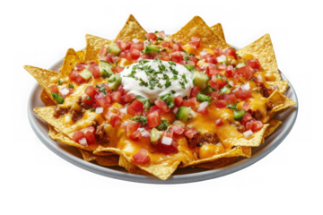 Delicious nachos with cheese, tomato, sour cream, and jalapenos - appetizing snack, mexican food, party food, isolated on transparent background