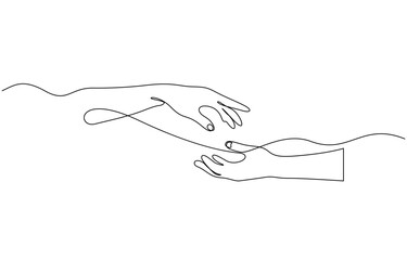 Two hands reaching out towards each other drawn by continuous one line, Two hands reach out to each other. Fragment of a painting. One line vector illustration. Editable outline