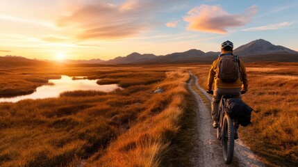 A cyclist enjoys a breathtaking sunset ride through a vast mountain landscape, illuminated by warm colors reflecting off a tranquil river. Nature's beauty captivates the spirit.