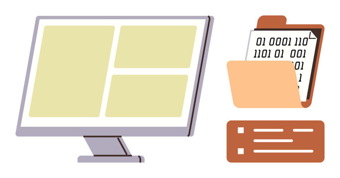 Computer monitor displaying grid layout, folder holding binary code document, and text card. Ideal for data organization, coding, file sharing, cybersecurity, office work, technology training simple