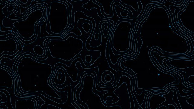 Minimalist blue topographic contour lines animated over a black background, with subtle floating particles. for geography, exploration, science, or abstract digital visuals