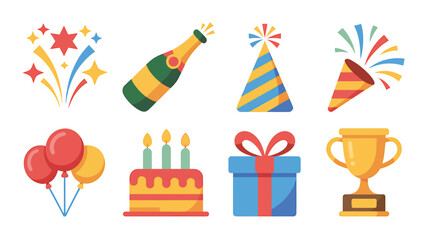 A Set of 8 Flat Design Party and Celebration Icons Perfect for Invitations and Decorations