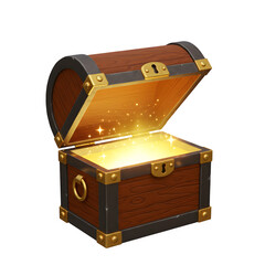 3D Render of Radiant Wooden Treasure Chest Opened with Sparkling Golden Light Inside, Isolated on White or Transparent Background