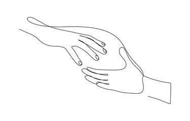 Two hands reaching out towards each other drawn by continuous one line, Two hands reach out to each other. Fragment of a painting. One line vector illustration. Editable outline