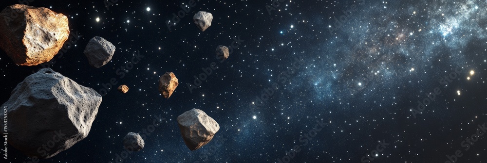 Aufkleber Large asteroids floating in the immensity of space with a spiral galaxy and bright stars in the background creating a breathtaking cosmic scene