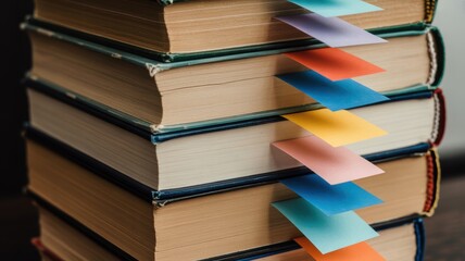 Stack of books with colorful bookmarks poking out from pages