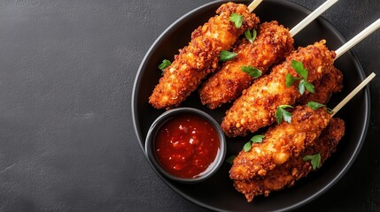 Succulent fried chicken skewers served on a sleek black plate, accompanied by a vibrant dipping sauce, perfect for showcasing delicious culinary creations.