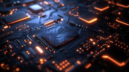 Obraz premium Close-up of a dark electronic circuit board with glowing orange lights and intricate pathways highlighting the technology and complexity