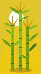 Fototapeta premium Stylized green bamboo stalks with leaves against a bright yellow sunburst background