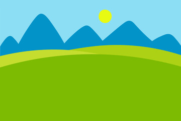 Landscape banner with mountains, green grass field, sun, blue sky for text. Hand drawn vector summer abstract background horizontal illustration. Card border sunny weather, summertime, idyllic nature