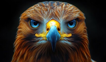 Fototapeta premium Close-up of a fierce eagle with sharp blue eyes and a bright yellow beak against a dark background, conveying intensity and focus