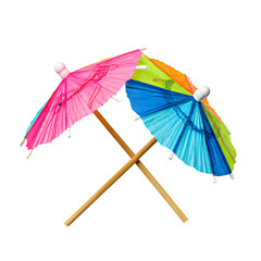 Two cocktail umbrellas crossed, isolated, bright white surface