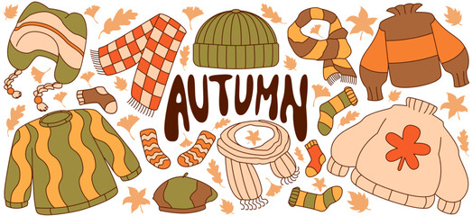 Warm comfortable clothes for autumn. Set of sweaters hats scarves and socks, autumn set