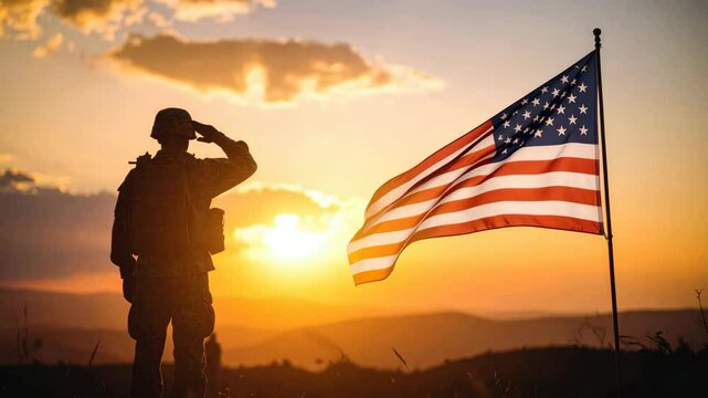 A soldier salutes an American flag during a beautiful sunset, symbolizing patriotism and honor. The silhouette captures a moment of dedication and pride.
