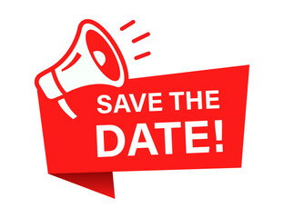 Announce the Moment: A vibrant, red announcement design with megaphone and call to action "Save the Date!"