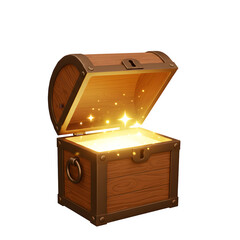 3D Render of Radiant Wooden Treasure Chest Opened with Sparkling Golden Light Inside, Isolated on White or Transparent Background