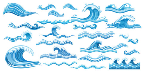 Oceanic Rhythms: Collection of stylized illustrations of water waves showcases the dynamic flow and mesmerizing beauty of aquatic elements, perfect for designs evoking motion and fluidity.