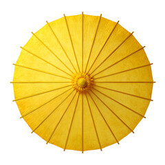Yellow paper drink umbrella, top view, ultra-detailed, on white background