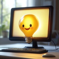 A happy glowing light bulb character emerging from a computer monitor on a desk with a keyboard and mouse in a cozy indoor setting
