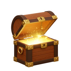 3D Render of Radiant Wooden Treasure Chest Opened with Sparkling Golden Light Inside, Isolated on White or Transparent Background