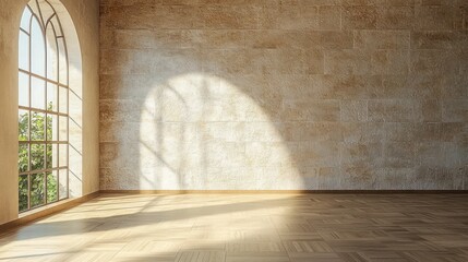 Sunlight streaming through a large arched window casting shadows on a textured stone wall and wooden parquet floor in a bright empty room