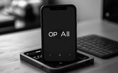 Black smartphone displaying a dark screen with white text placed standing on top of a closed laptop keyboard on a wooden surface in a monochrome setting