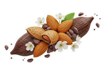 Isolated Cocoa Pod Almonds and White Flowers Arrangement