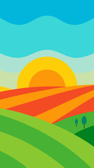 Vibrant abstract landscape with rolling hills and a stylized sun at sunrise