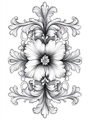 Intricate grayscale floral design featuring a central large flower surrounded by detailed symmetrical feathery leaves and ornate curling elements