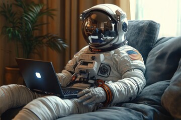 Person wearing a full astronaut suit sitting comfortably on a sofa using a laptop in a cozy indoor setting with warm lighting