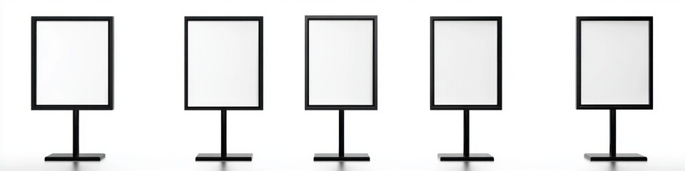 Row of five identical blank vertical rectangular signs with black frames and stands on a white background conveying emptiness and potential