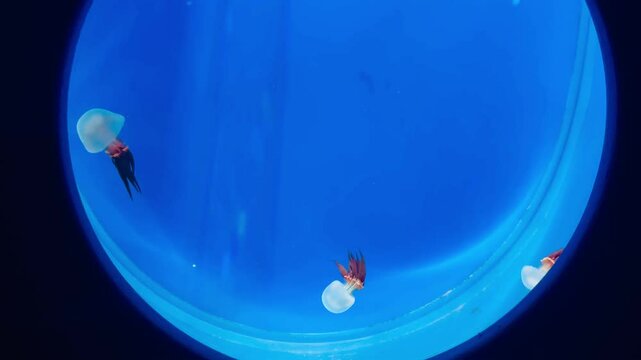 jellyfish, moon or saucer sea jelly swims. Aurelia aurita is in dark water. Marine animals with umbrella-shaped pulsating bell floating. Underwater translucent inhabitant rhythmical motion