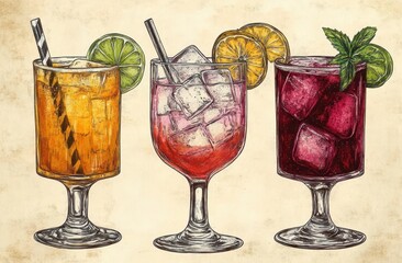 Three colorful cocktails with ice cubes garnished with citrus slices and a sprig of mint in detailed vintage style illustration
