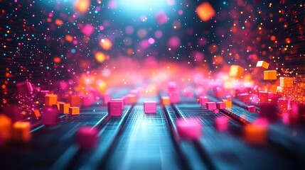 Abstract digital landscape with glowing pink and orange cubes floating above a grid with bright scattered light particles creating a futuristic and dynamic atmosphere