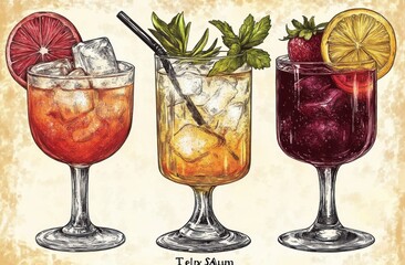 Three colorful iced cocktails garnished with fruit slices and fresh herbs in decorative glasses on a textured background