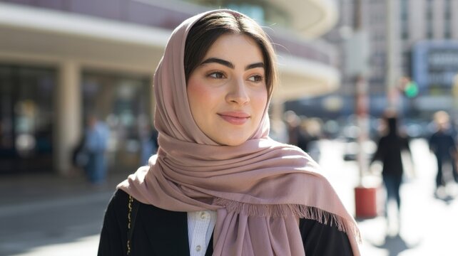 Young hispanic female in hijab smiling outdoors in urban setting