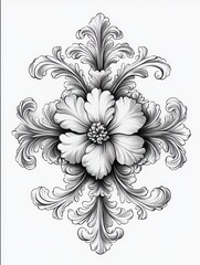 Intricate black and white symmetrical floral and leaf design with detailed shading and ornate curves creating an elegant and balanced decorative pattern