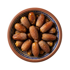 Bowl of ripe medjool dates arranged in a circular pattern isolated on transparent background