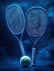 Two blue tennis rackets standing upright with a green tennis ball in front of them surrounded by a smoky blue background creating a dynamic and intense sports atmosphere