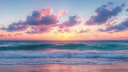 Calm ocean waves gently rolling onto sandy shore under a colorful sky at sunset with pink and purple clouds