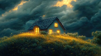 Cozy cottage glowing with warm yellow light on a grassy hill surrounded by dense bushes under a dramatic cloudy sky at dusk